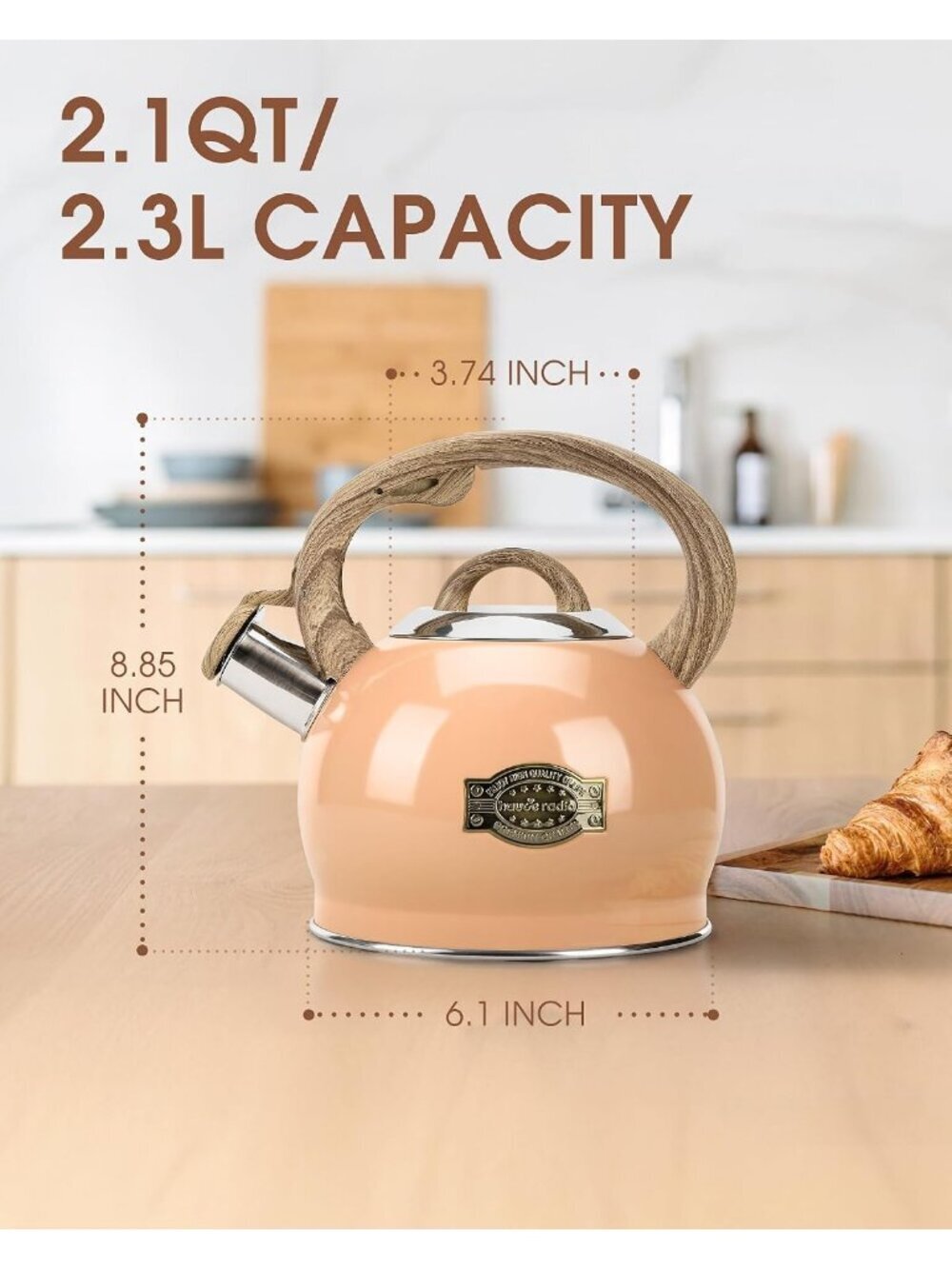 Peachy Whistling Tea kettles 2.1 Quart Stainless Steel Stovetop with Wood Handle - Picture 6 of 6